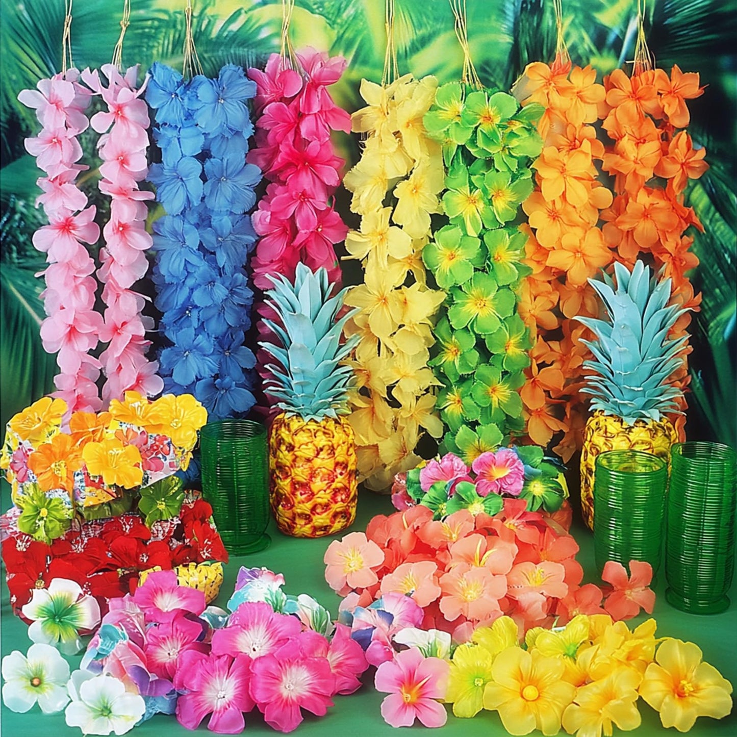 70 Pcs Hawaiian Luau Leis Decorations Supplies, Tropical Palm Leaves Hibiscus Flowers Simulation Artificial Leaf for Birthday Baby Shower Summer Beach Pool Party Decorations Favors Supplies