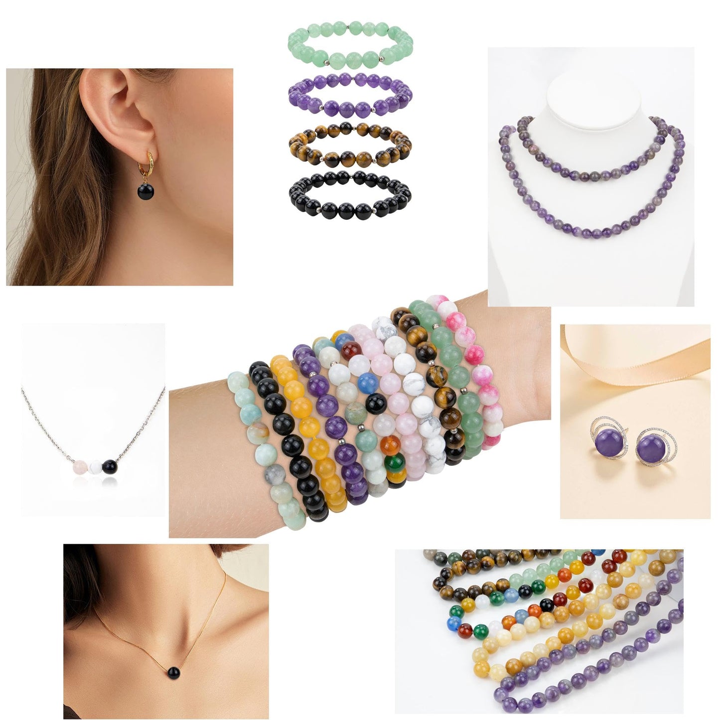 QINJIEJIE 8mm Beads Crystal Beads Colorful 100PCS Stone Beads Round Beads Loose Gemstone Beads Stone Beads for Jewelry Making DIY Bracelet Necklace Earrings Crystal Beads for Jewelry Making