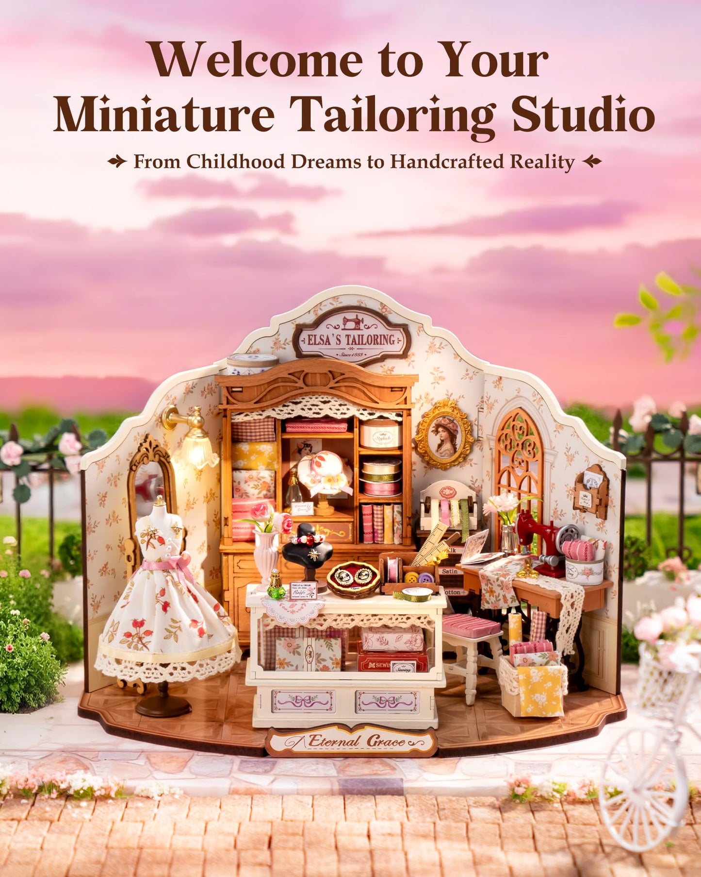 ROBOTIME DIY Miniature House Kit, Elsa’s Tailoring Dollhouse Kit, Mini Wooden Furniture Kit for Adults, Sewing Shop Building Model, Creative Craft Gift for Birthday/Christmas/Hobby Enthusiasts