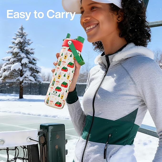 ENCOOL Christmas Insulated Water Bottle with Straw, Stainless Steel Water Bottle, Leak Proof BPA-Free, Keeps Cold for 24 Hours for Sports, Christmas Holiday Gifts for Women, 26 oz, Holiday Home