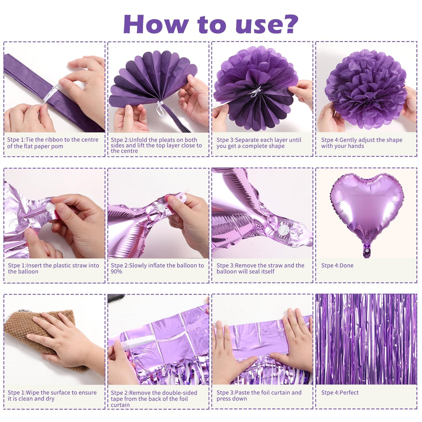 Purple Birthday Decorations for Women, Happy Birthday Party Decorations, Happy Birthday Banner, Purple Balloons, Foil Fringe Curtains, Tissue Paper Pompoms, Heart Garland, Party Decor for Girls