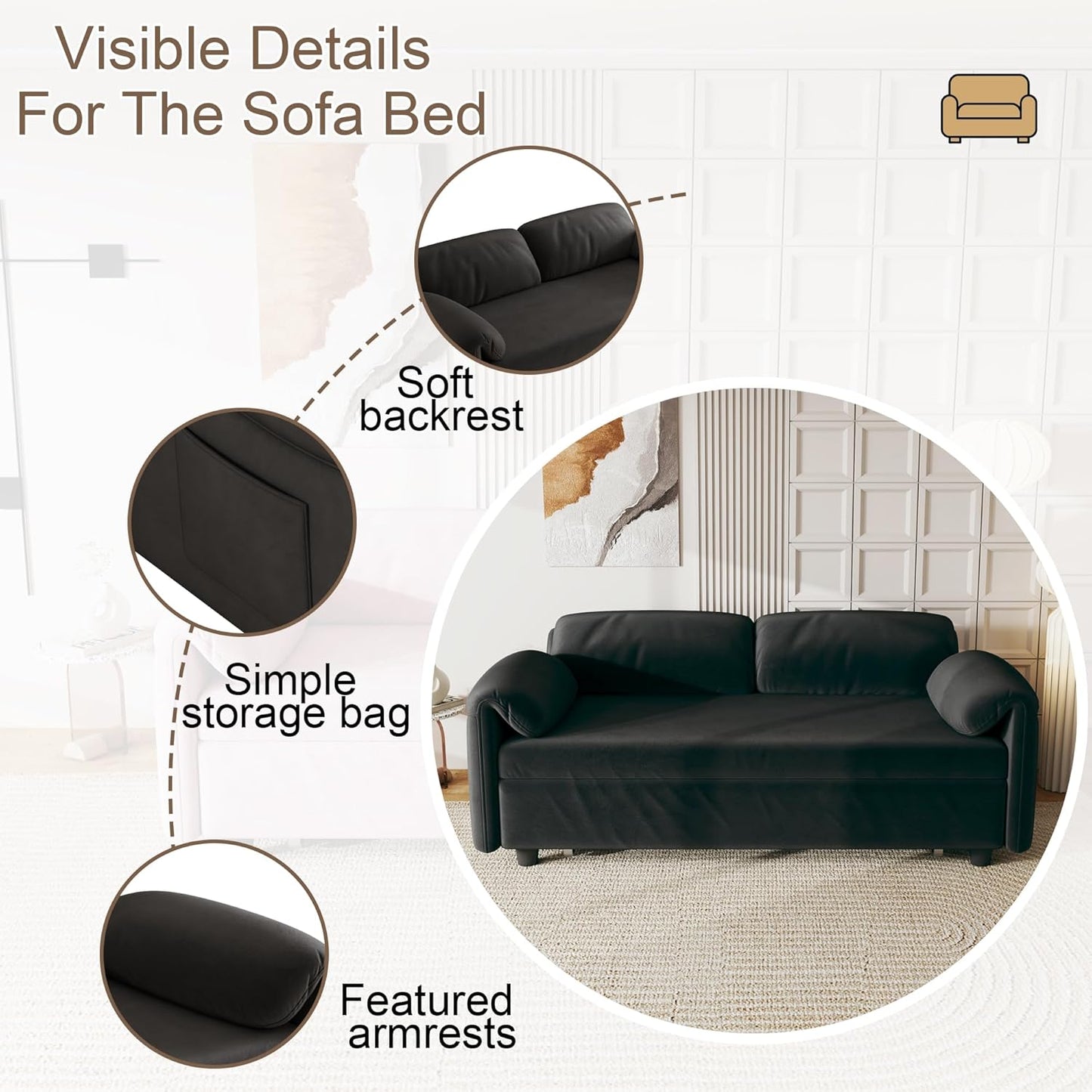 ERYE 3 in 1 Loveseat Sofa Convertible Sleeper Sofabed,Functional Recliner Daybed Love Seat Sofa&Couch W/Pull Out Couch Bed, Reclining Backrest and Pillows Armrests for Office Apartment RV Living Room