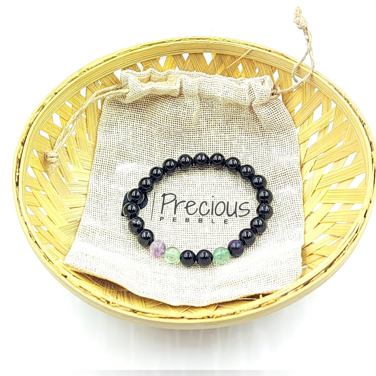 PRECIOUS PEBBLE Obsidian, Tourmaline & Fluorite Bracelets, Natural 8mm Crystal Beads, Handmade Stretch Bracelet for Men & Women – Symbolic Gift Accessory for Balance & Grounded Style