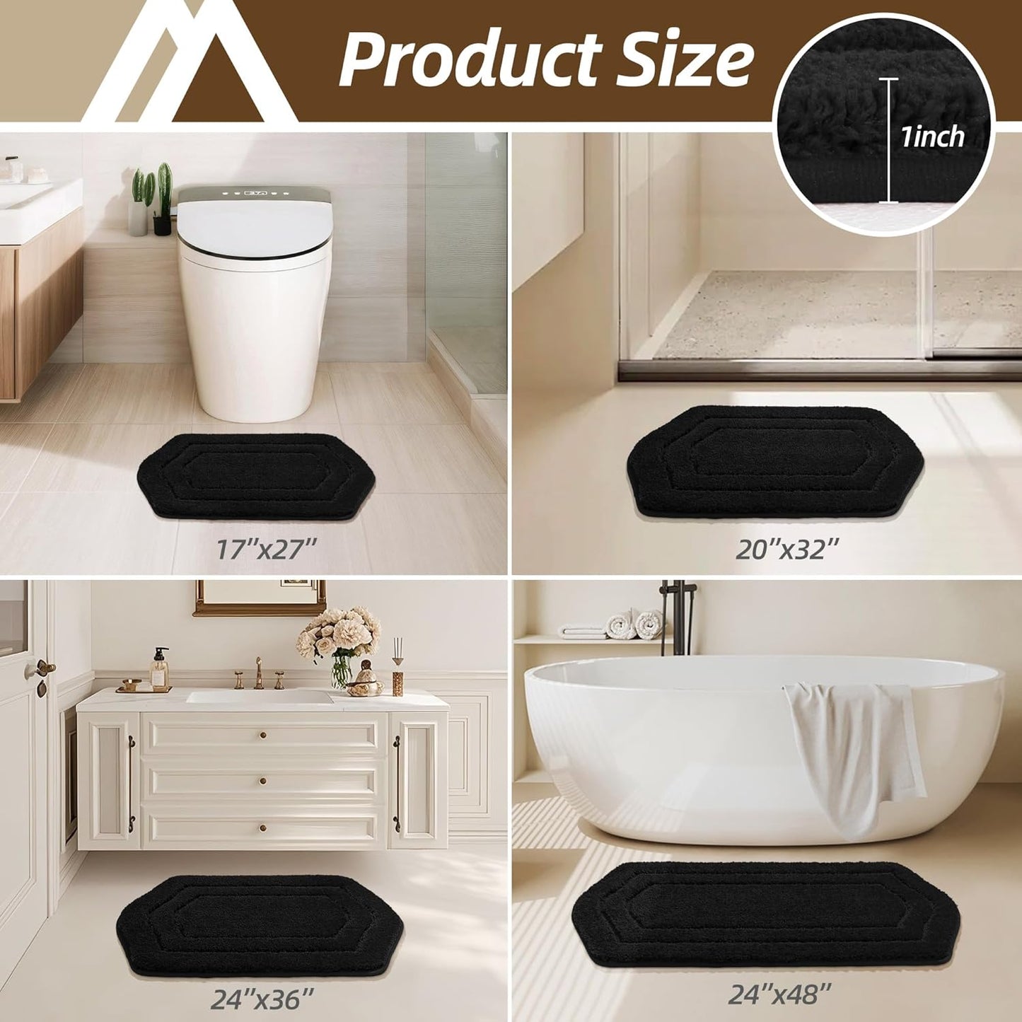COSY HOMEER Bathroom Mat Rugs 20”x32” Non-Slip Absorbent Bath Mat Plush Shaggy Machine Washable Bath Rugs Soft Polyester Bath Mats for Bathroom Floor,Tub and Shower,Black
