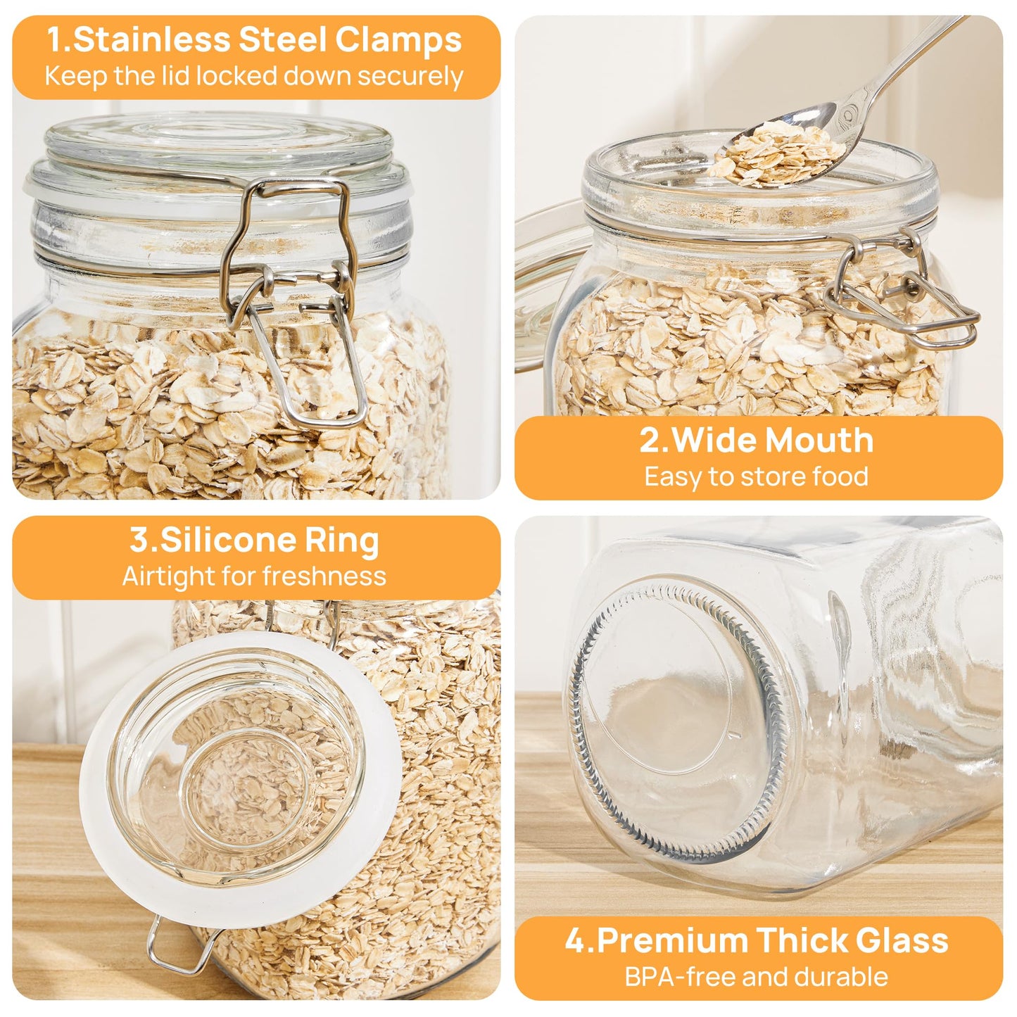 CHEFSTORY 50oz Airtight Glass Jars with Lids, 3 PCS Food Storage Canister for Kitchen & Pantry Organization, Square Mason Jar Containers for Storing Sugar, Flour, Cereal,Coffee,Cookies