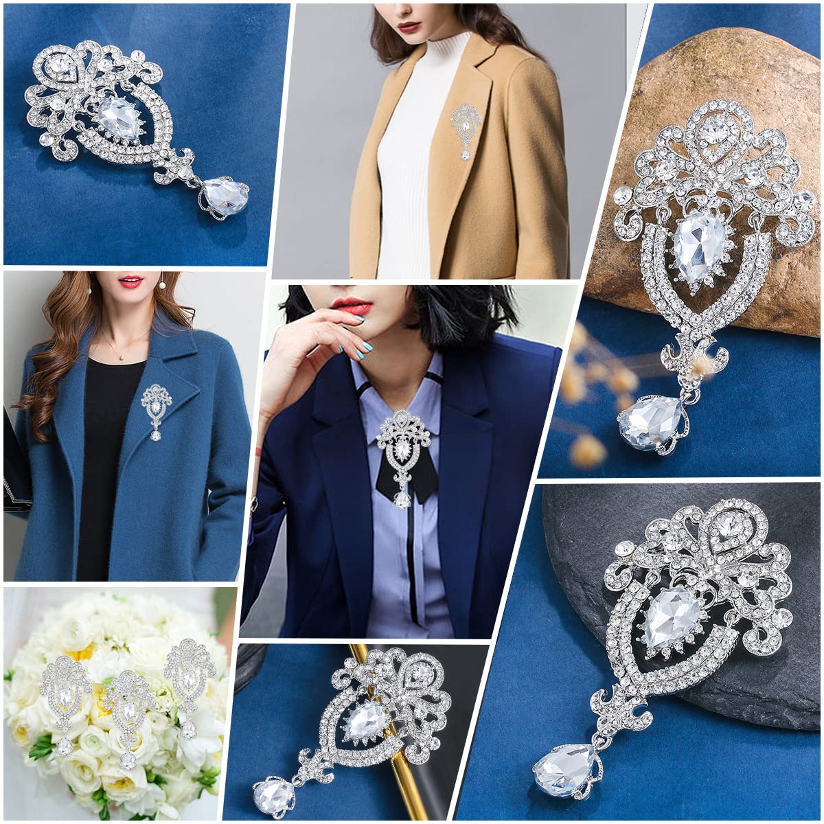 MEEDOZ 2 Pieces Crystal Rhinestone Marquise Pear-Shaped Teardrop Flower Brooch Pin Set for Women DIY Bridal Wedding Bouquet Kit (Silver-02)