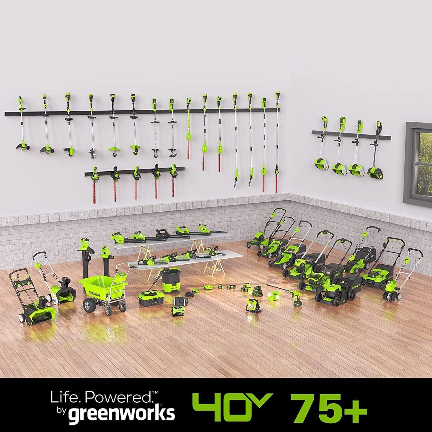Greenworks 40V 20" Cordless Lawn Mower (Push), Axial Leaf Blower (500 CFM / 120 MPH),12" String Trimmer with 2 Batteries(5Ah+2Ah) and Chargers