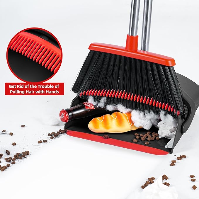 Broom and Dustpan Set, Broom with Dustpan Combo Set 54-in Long Adjustable Handle with Dust Pan Combo Teeth for Home Office Kitchen Lobby Floor Pet Hair Indoor&Outdoor Cleaning