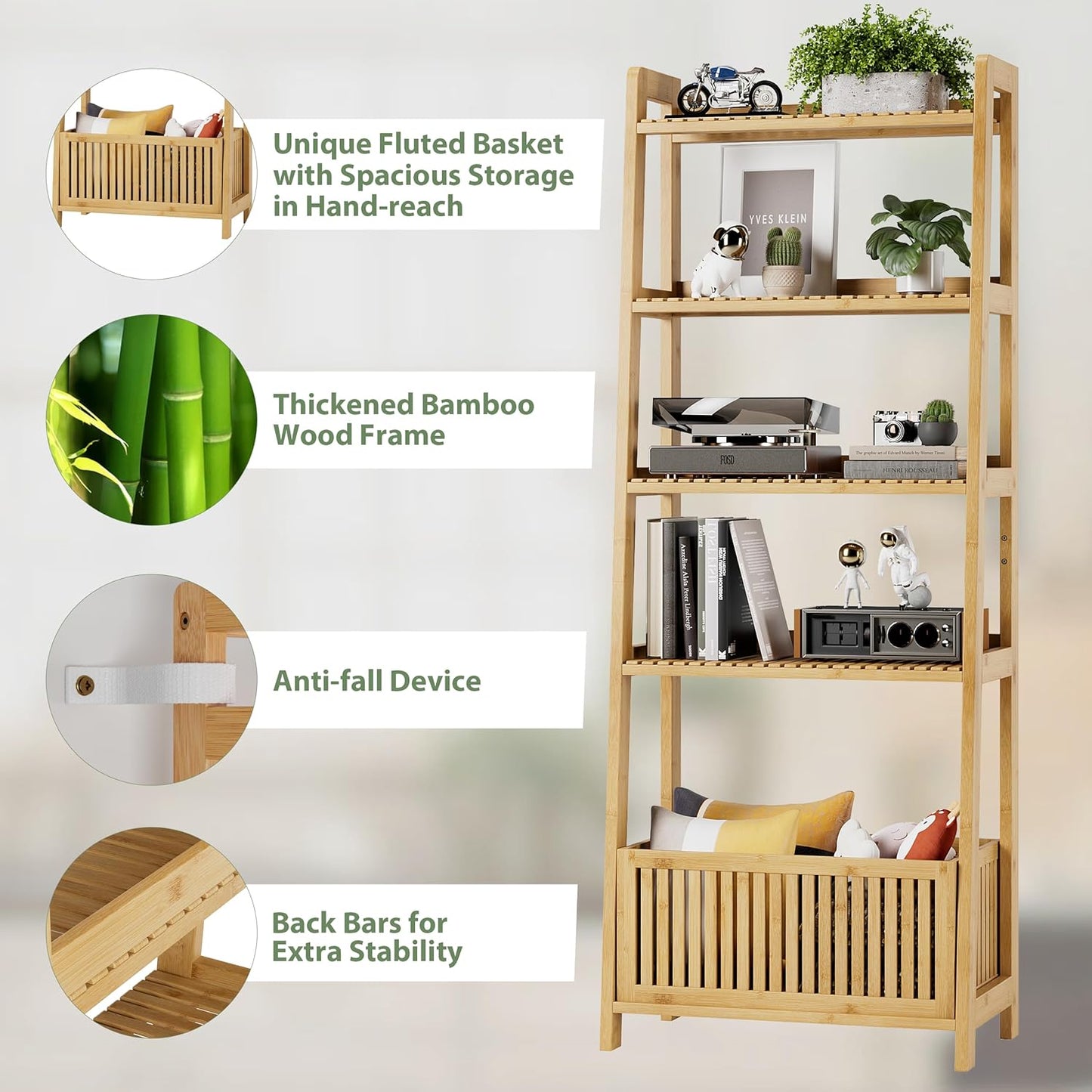 Bamjoy Bamboo Ladder Shelf, Bookshelf with 4 Display Shelves and 1 Open Storage Basket, Multifunctional Storage Rack Organizer for Home Office, Bedroom, Living Room, 66” H Natural