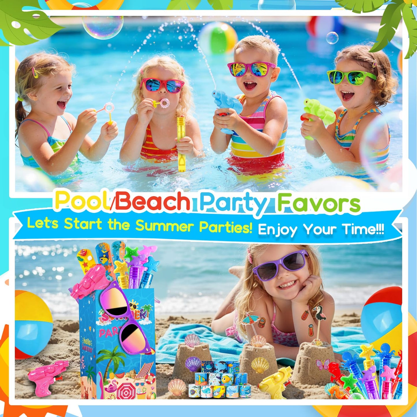 Pool Party Favors and Beach Party Favors 168pcs Summer Party Toys for Kids,Including Beach Balls, Sunglasses, Bubble Wands Party Supplies for Summer Birthday Ages 4-8 8-12