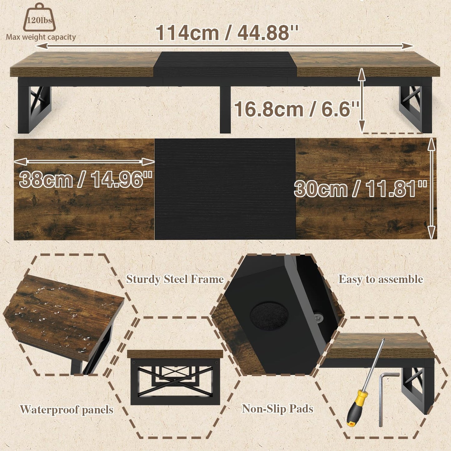 IBUYKE 45" Large TV Riser for 32-60 inch TV,Tabletop Short TV Stand with Storage and Steel Legs,Dual Screen Office Desk,Stand Riser,TV Riser Stand for Home,Bedroom,Living Room,Rustic Brown TVT002H