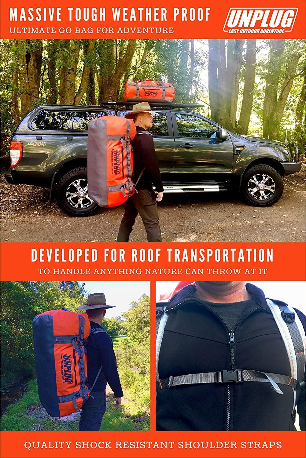 UNPLUG Ultimate Adventure Bag | 1680D Heavy Duty Waterproof Bag | Large Travel Duffle Bag which can be Used for Camping, Motorcycling, Boating, or Hunting (65L Adventure Orange)