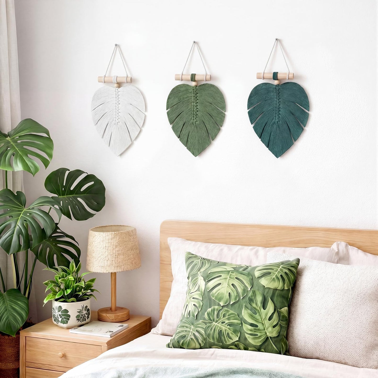 Hoteam 3 Pcs Monstera Leaves Macrame Wall Hanging Handmade Bohemian Sage Green Large Leaf Woven Wall Tapestry Wooden Bead Hanging Ornament for Nursery Bedroom Living Room Apartment Home Backdrop