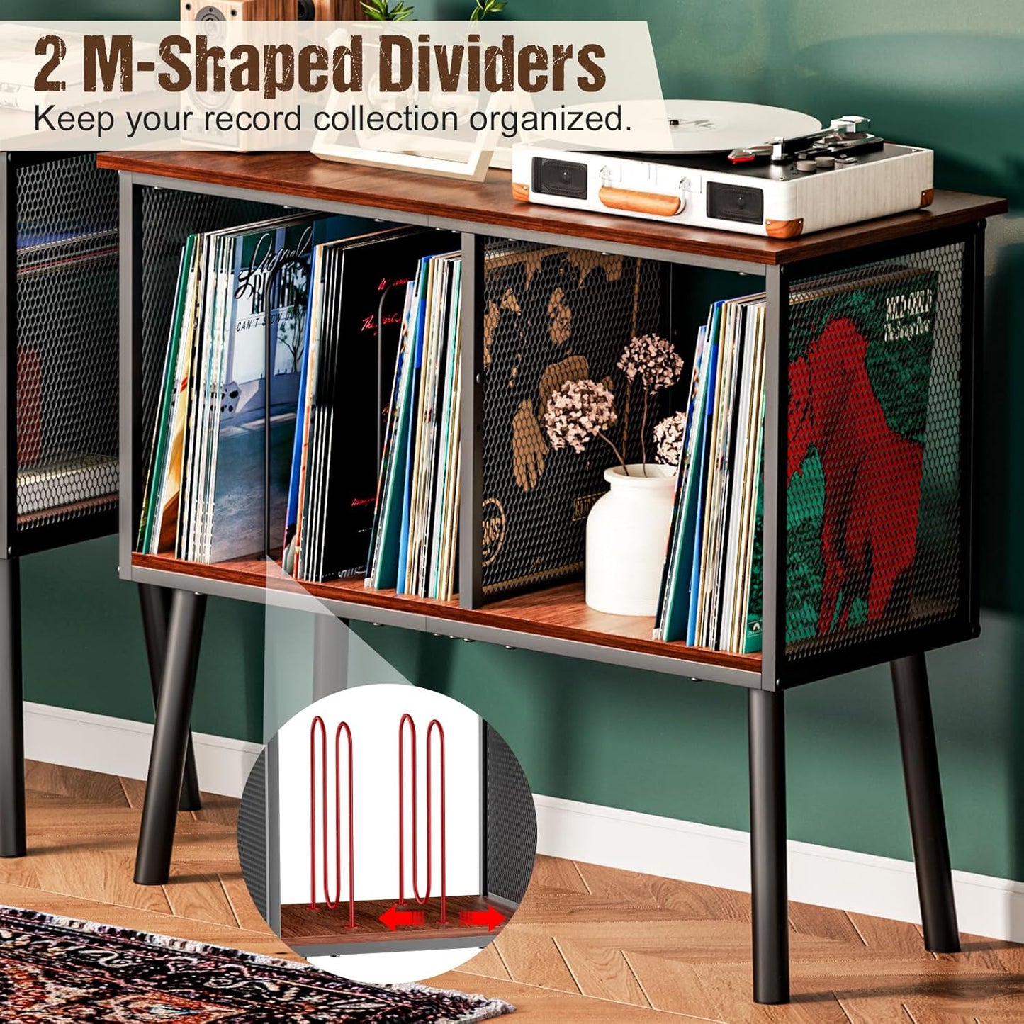 Record Player Stand with Adjustable Divider, Vinyl Storage Holder Up to 200 Albums, Mid-Century Large Record Player Table, Vinyl Holder Turntable Stand End Table Storage Rack for Bedroom & Living Room