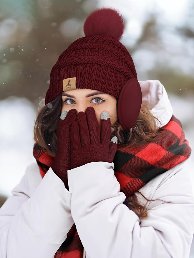 Winter Hat Scarf Gloves and Ear Warmer, Knit Warm Beanie Hat Touch Screen Gloves Long Knitted Plaid Scarf Set Gifts for Women