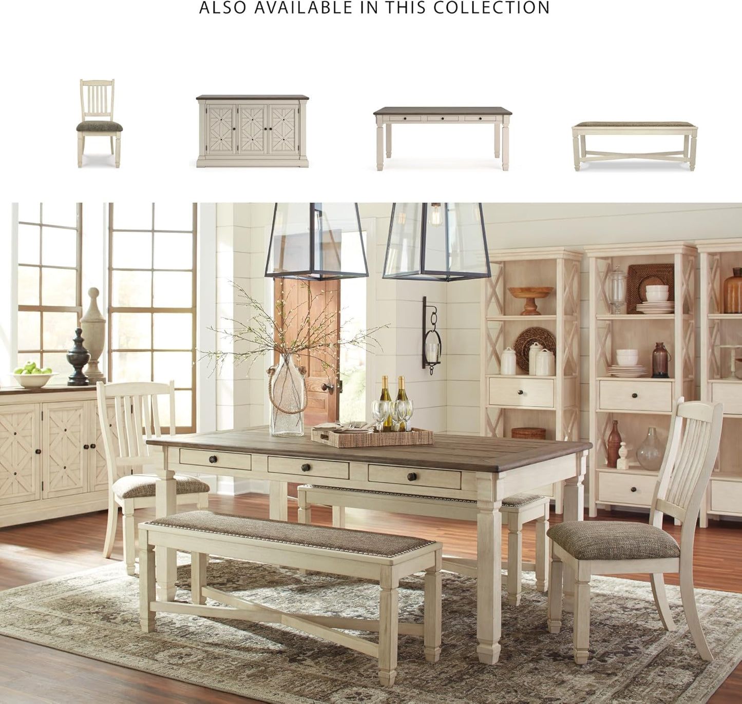 Signature Design by Ashley Bolanburg Farmhouse Dining Table with Drawers, Seats up to 6, Whitewash