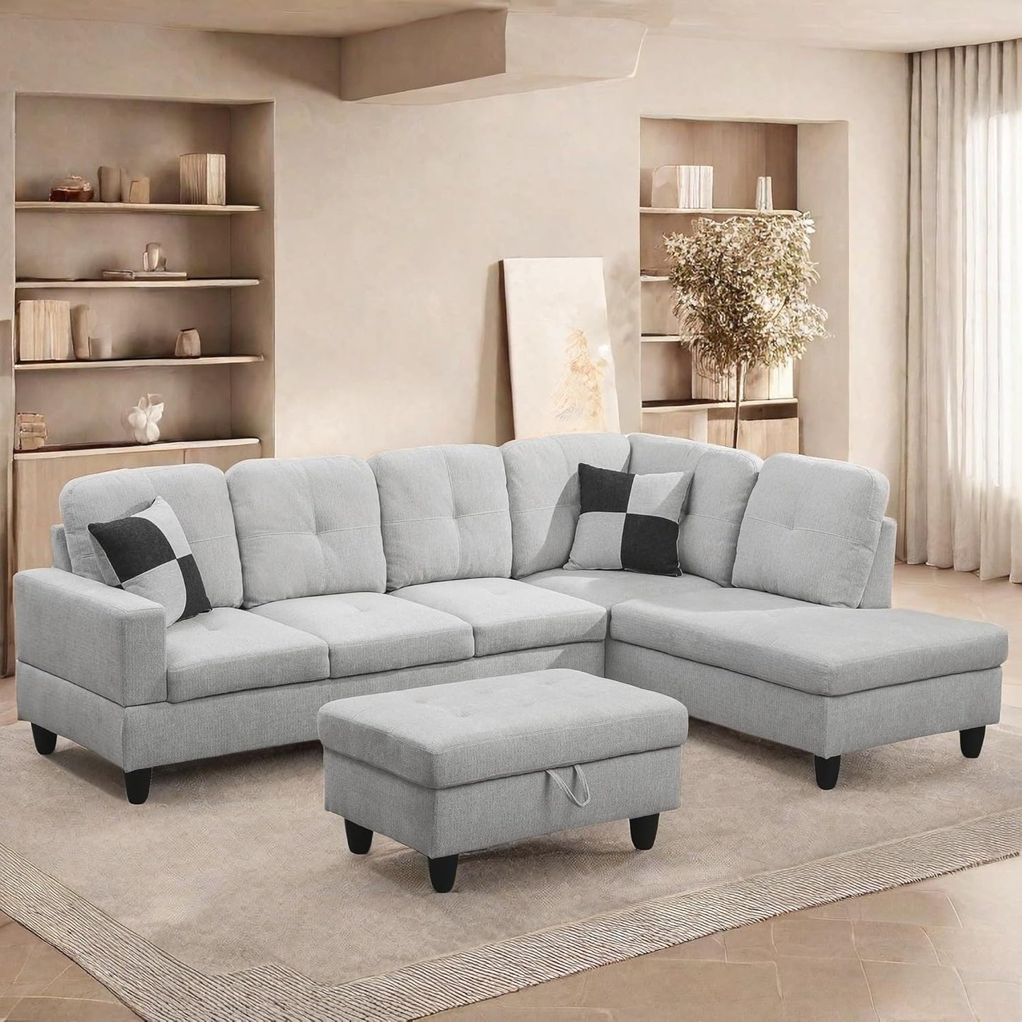 L Shaped Sectional Couches, Lounge Modular Sectional Sofa with Ottoman Storage, Modern Comfy L Shaped Couch for Living Room Furniture Sets, Bedroom, Gray