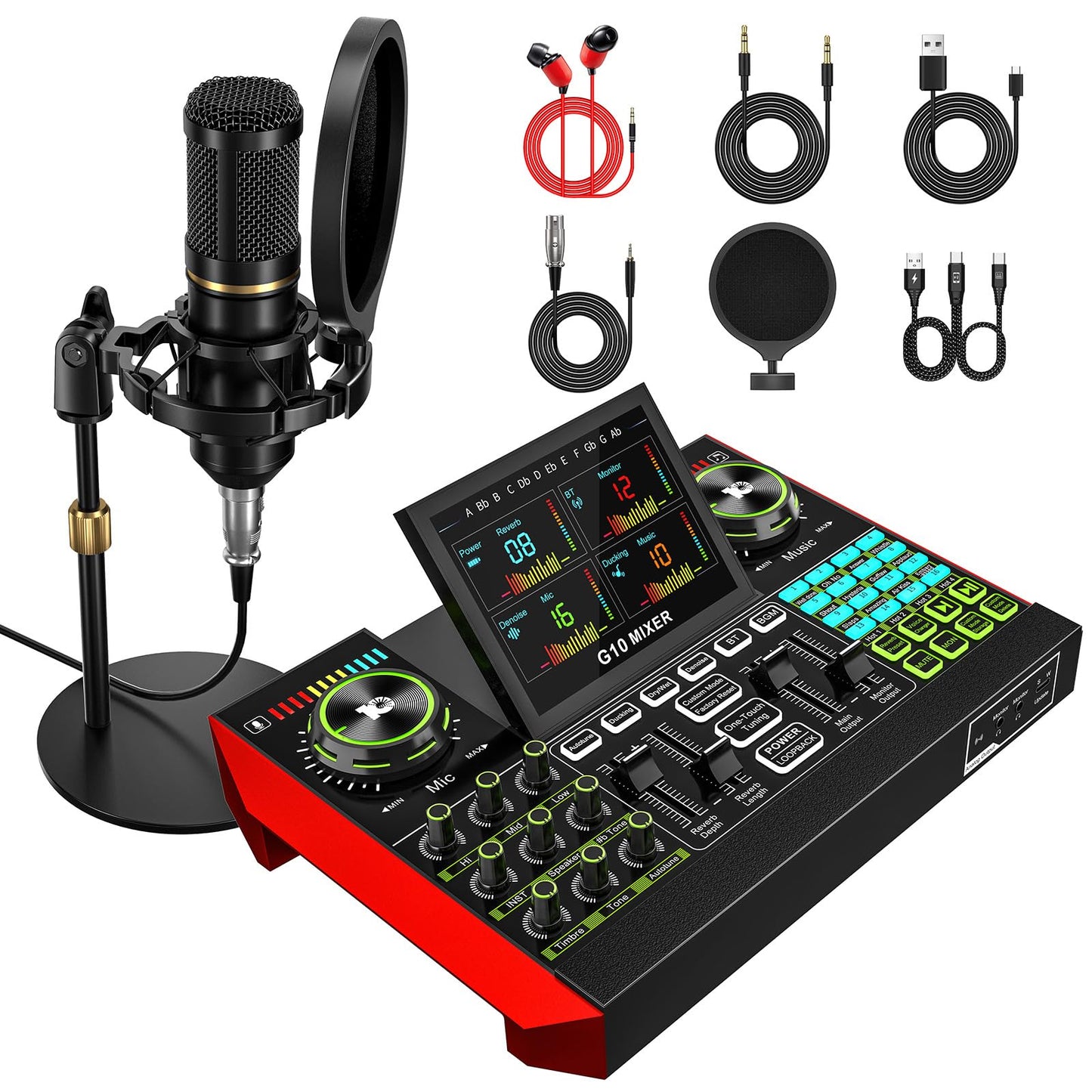 Podcast microphone bundle, live sound card, streaming audio mixer, podcast equipment bundle for PC/mobile live streaming, singin