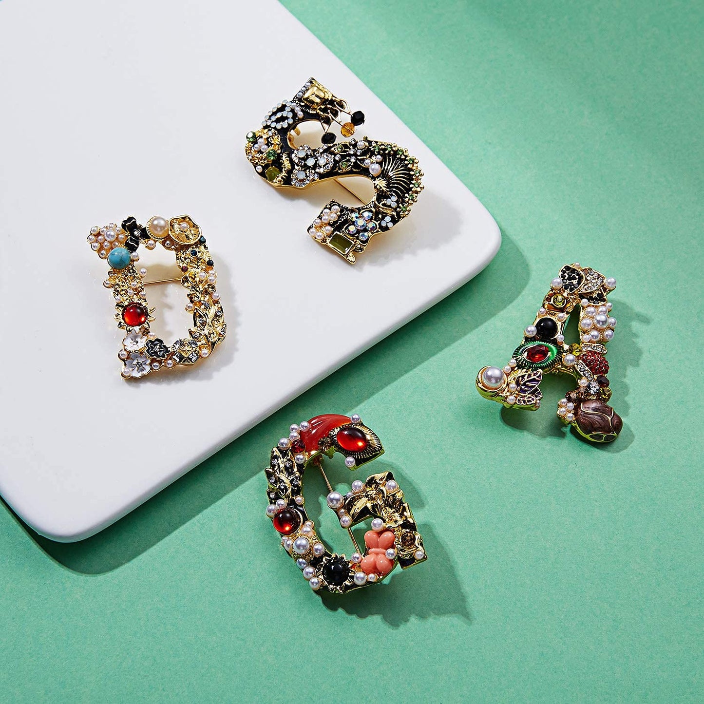 RINHOO Pearl Initial Brooch Pin Crystal A-Z 26 Alphabet Letters Brooch Colorful Enamel Breastpin Pin Jewelry for women Gifts (G)