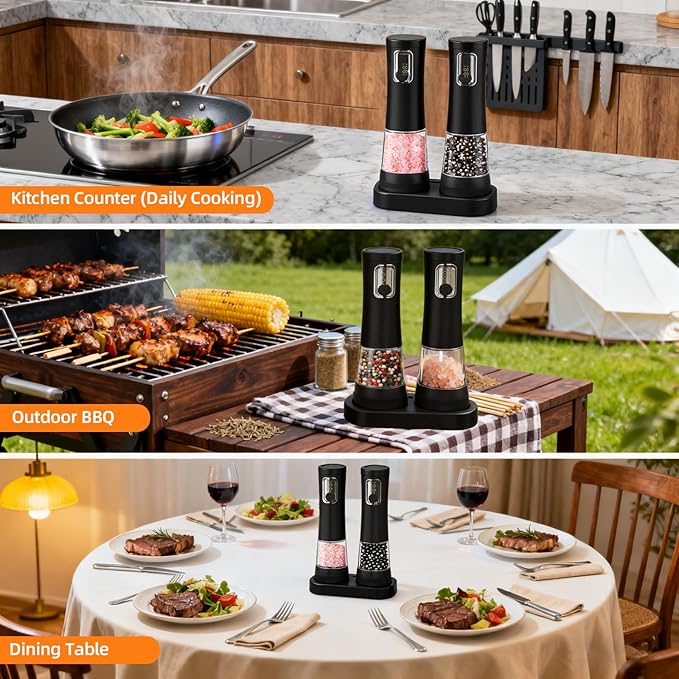 Electric Salt and Pepper Grinder, Rechargeable Automatic Pepper Mill with Base,5-Level Adjustable Coarseness, Display, LED Lighting, Large Capacity-Ideal for Kitchen, BBQ Gifts (1, Black-A)