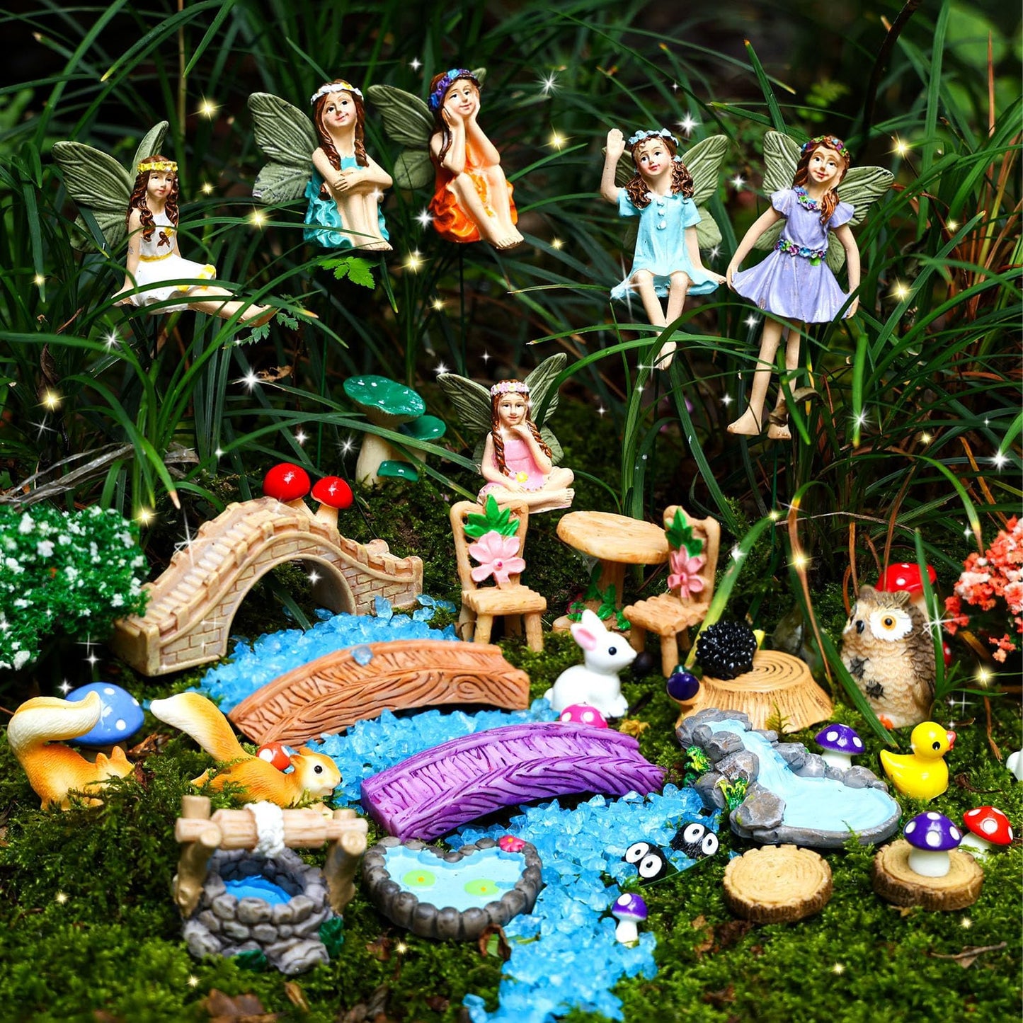 HIYZI 100 Pcs Fairy Garden Accessories Miniatures Figures Kit Micro Landscape Terrarium Ornaments Resin Mushroom Animal Fake Pond Lawn Bridge Garden Dollhouse Decoration