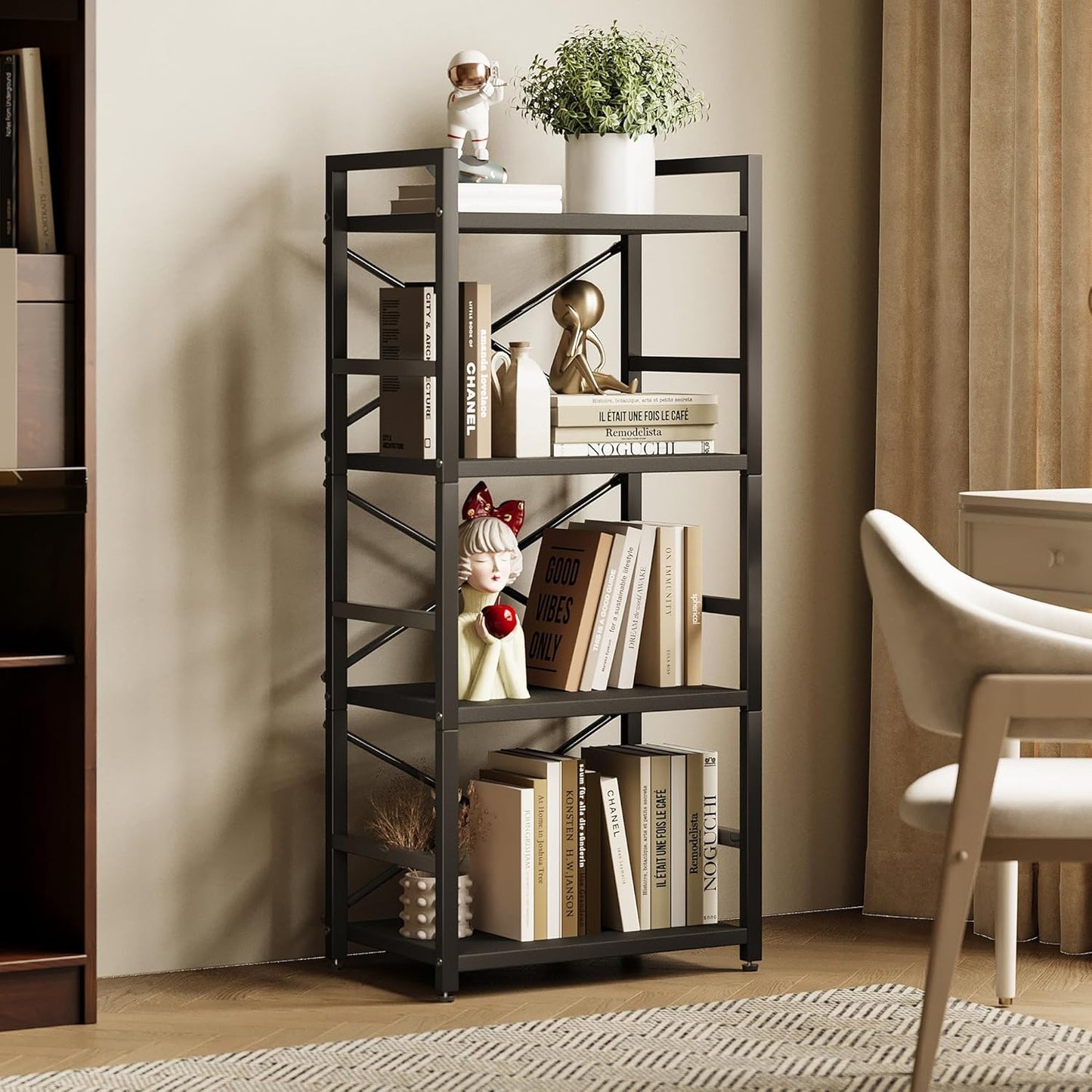Homeiju Black Bookshelf, 4 Tier Small Bookcase, Black Metal Small Bookcase, Book Shelf Organization and Storage for Living Room, Bedroom, and Home Office