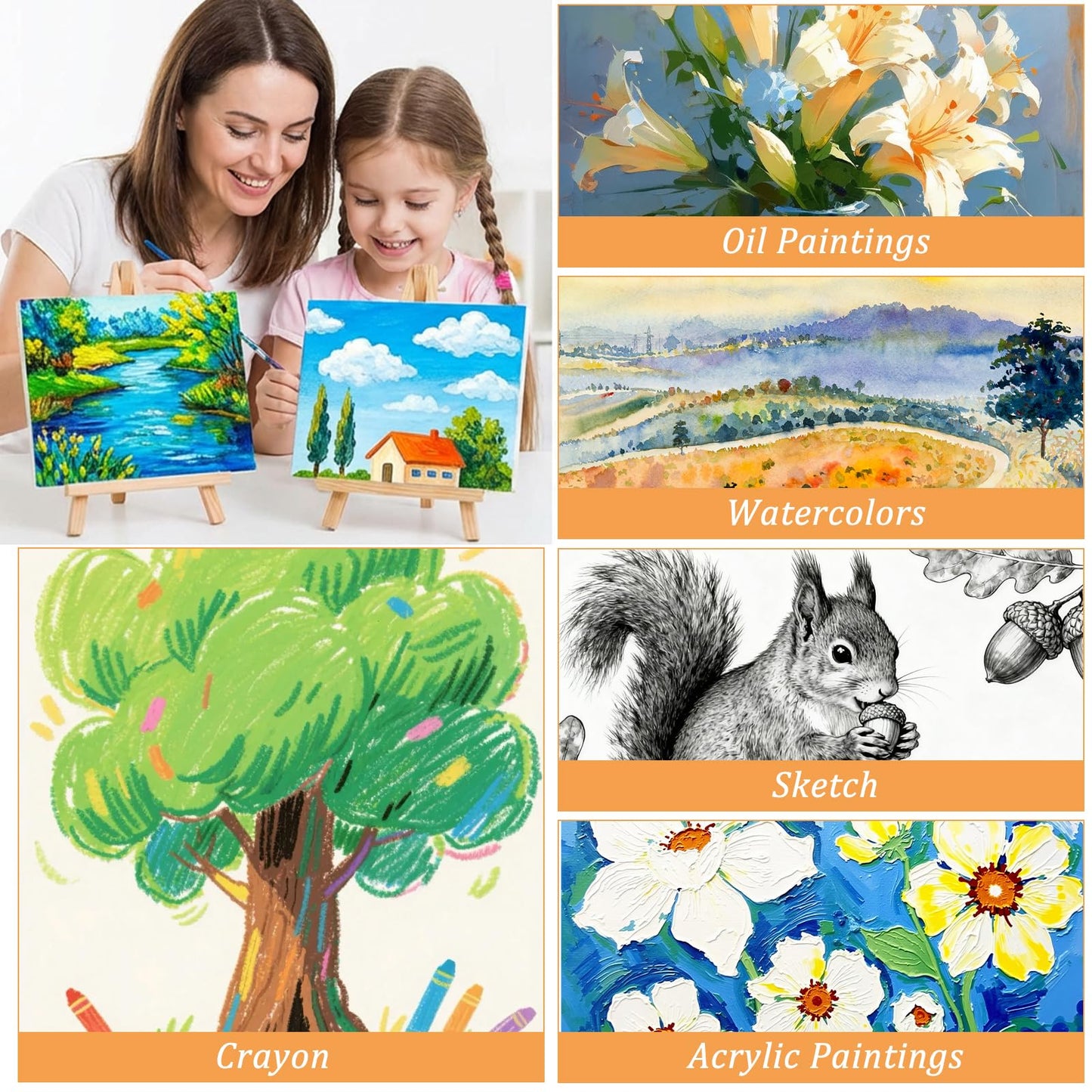 Giloaou 32 Pcs Mini Canvas and Easel Set, 4 x 4 Inch Canvas Panels with 6 Inch Wooden Easels, Art Canvases Painting Kit for Oil Acrylic Painting, Home Decor, Party Favors, Gifts