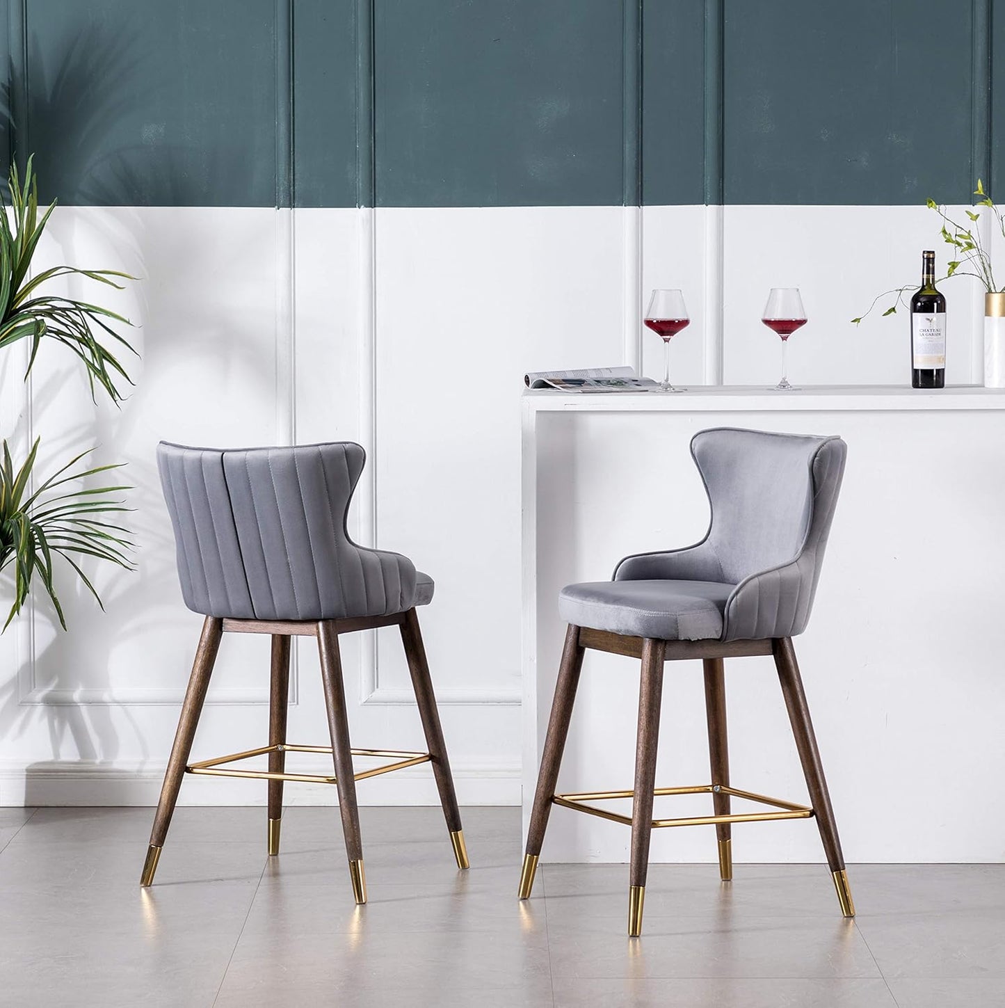 Roundhill Furniture Leland Fabric Upholstered Counter Height Wingback Stools, Set of 2, Gray