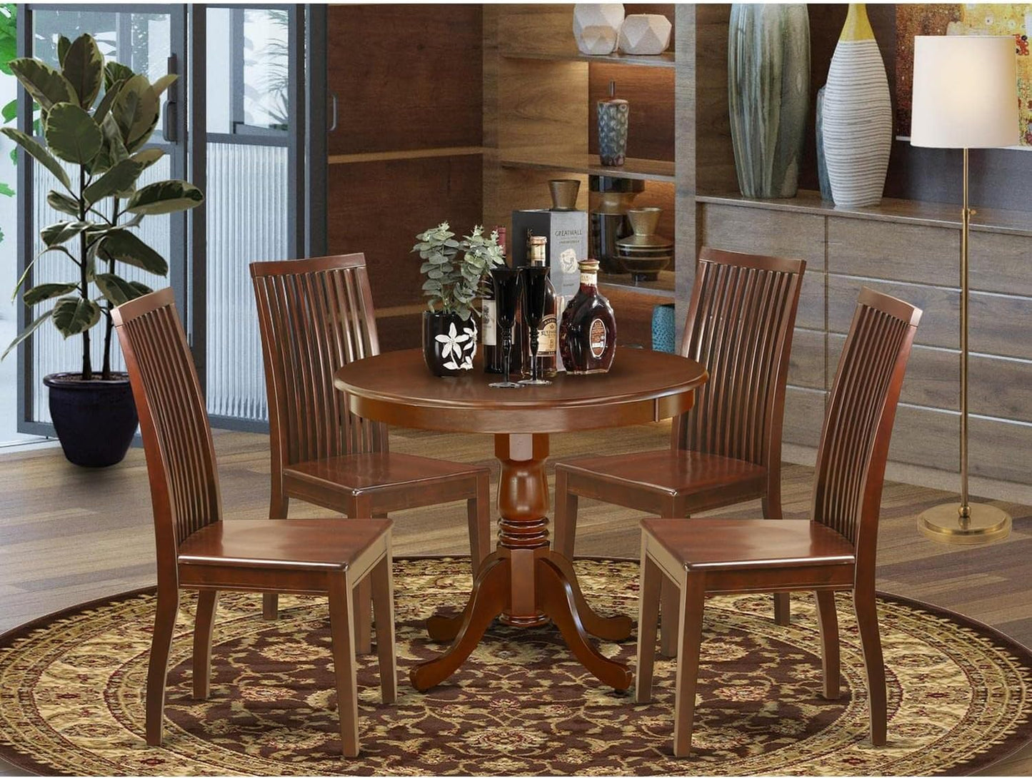 East West Furniture ANIP5-MAH-W 5 Piece Kitchen Table & Chairs Set Includes a Round Dining Room Table with Pedestal and 4 Dining Room Chairs, 36x36 Inch, Mahogany