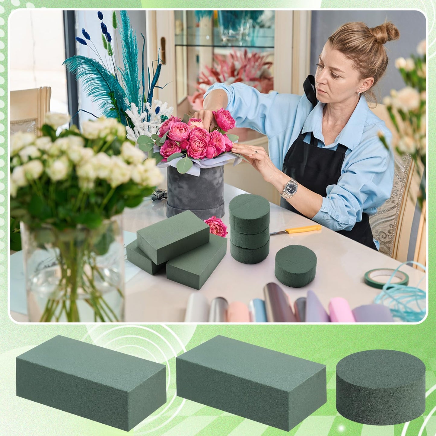 Baderke 30 Pack Floral Foam Blocks Round & Block Foam Set Green Wet & Dry Flower Blocks for Fresh & Artificial Flower Arrangement Florist Supplies for DIY Arts Crafts & Weddings
