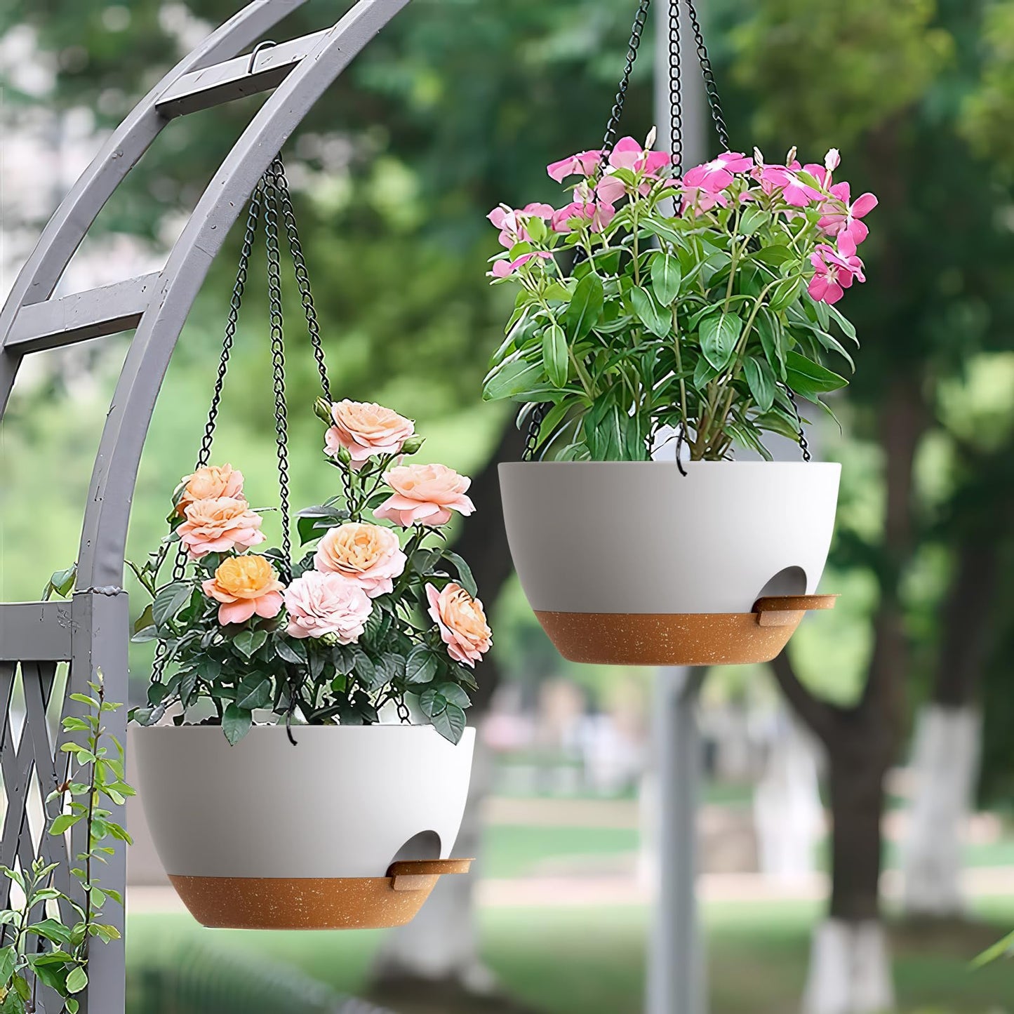UOUZ Set of 3-10 Inch Self Watering Hanging Planters for Indoor Outdoor,Hanging Plant Pots with Drainage & Removable Tray, Hanging Pots Holder for Pothos Plant, Ferns, Balcony & Patio,White with Brown