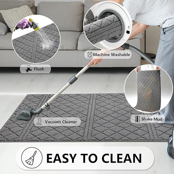 REFETONE Indoor Doormat, Front Back Door Mat 36"x60" Absorbent Rubber Backing Non Slip Door Mats, Low-Profile Resist Dirt Entrance Rugs, Machine Washable Door Rug Inside Floor Mat for Entryway, Grey
