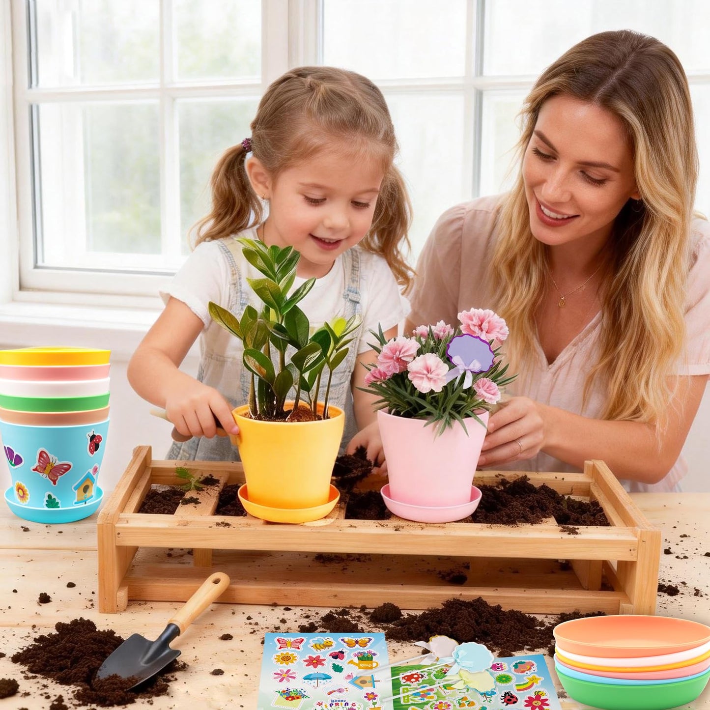 Adboros Garden Paper Pot Craft Kit, 36 Durable Resin Garden Pot with Tray Drainage Holes Adhesive Stickers and 40 Colorful Writable Cards, Flower Plant Spring Craft for Classroom DIY Flower Planting