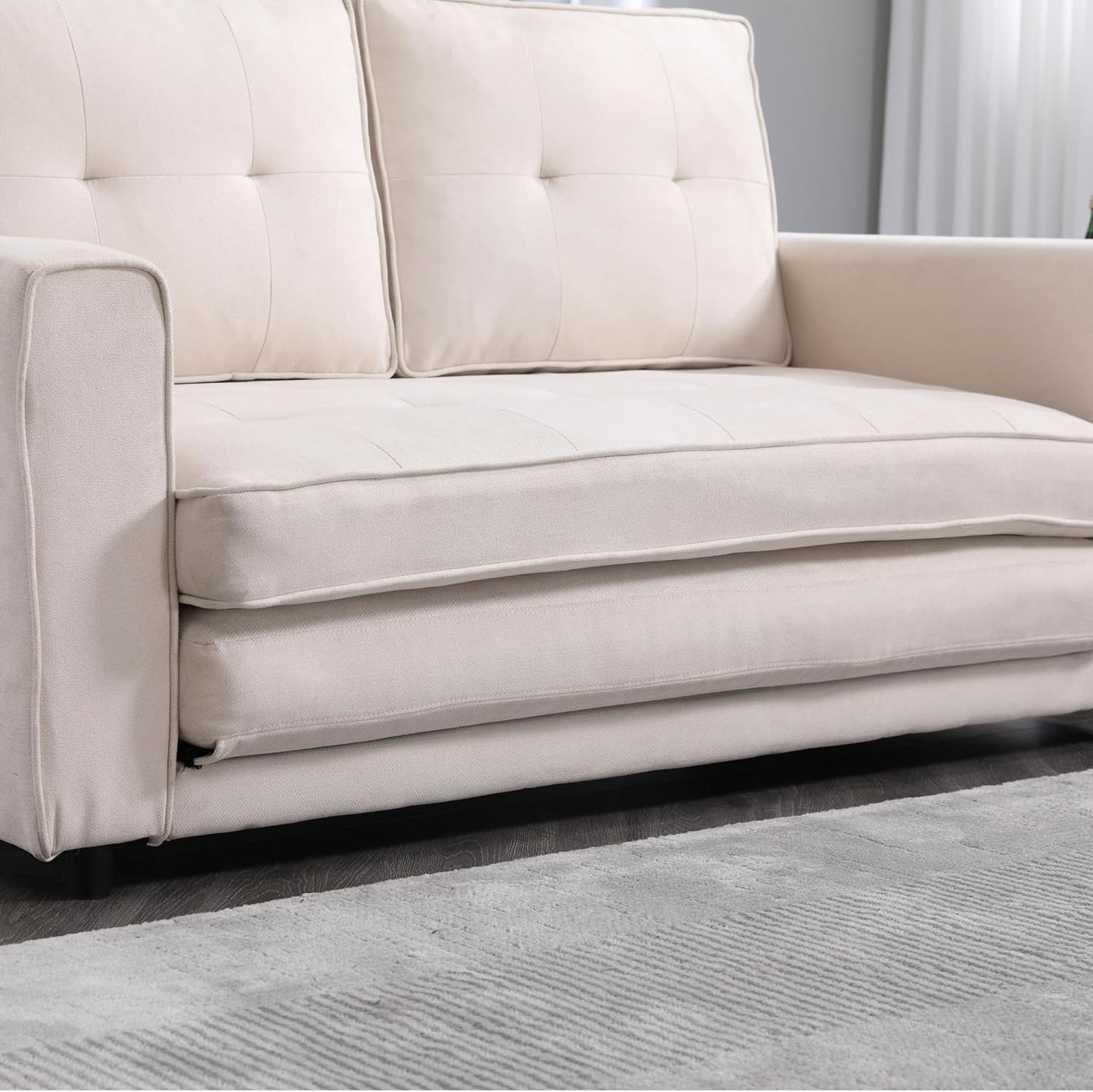 ERYE 3 Fold Tufted Upholstered Futon Sofa Bed Modern Convertible Foldable Floor Loveseat Sofabed with Pull Out Sleeper Couch Daybed W/Side Pockets for Living Room