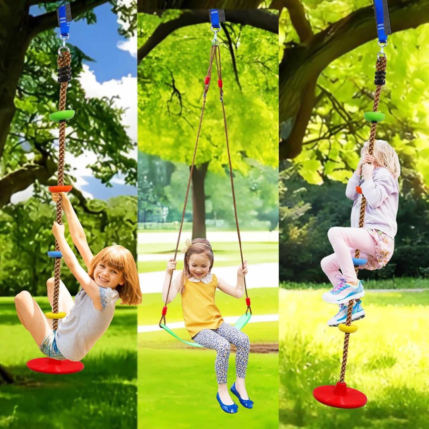 Tree Swing Climbing Rope 2 Pack Multicolor with Platforms Red Disc Swings Seat - Outdoor Playground Set Accessories Tree House Flying Saucer Outside Toys - Bonus Carabiner and 4 Feet Strap