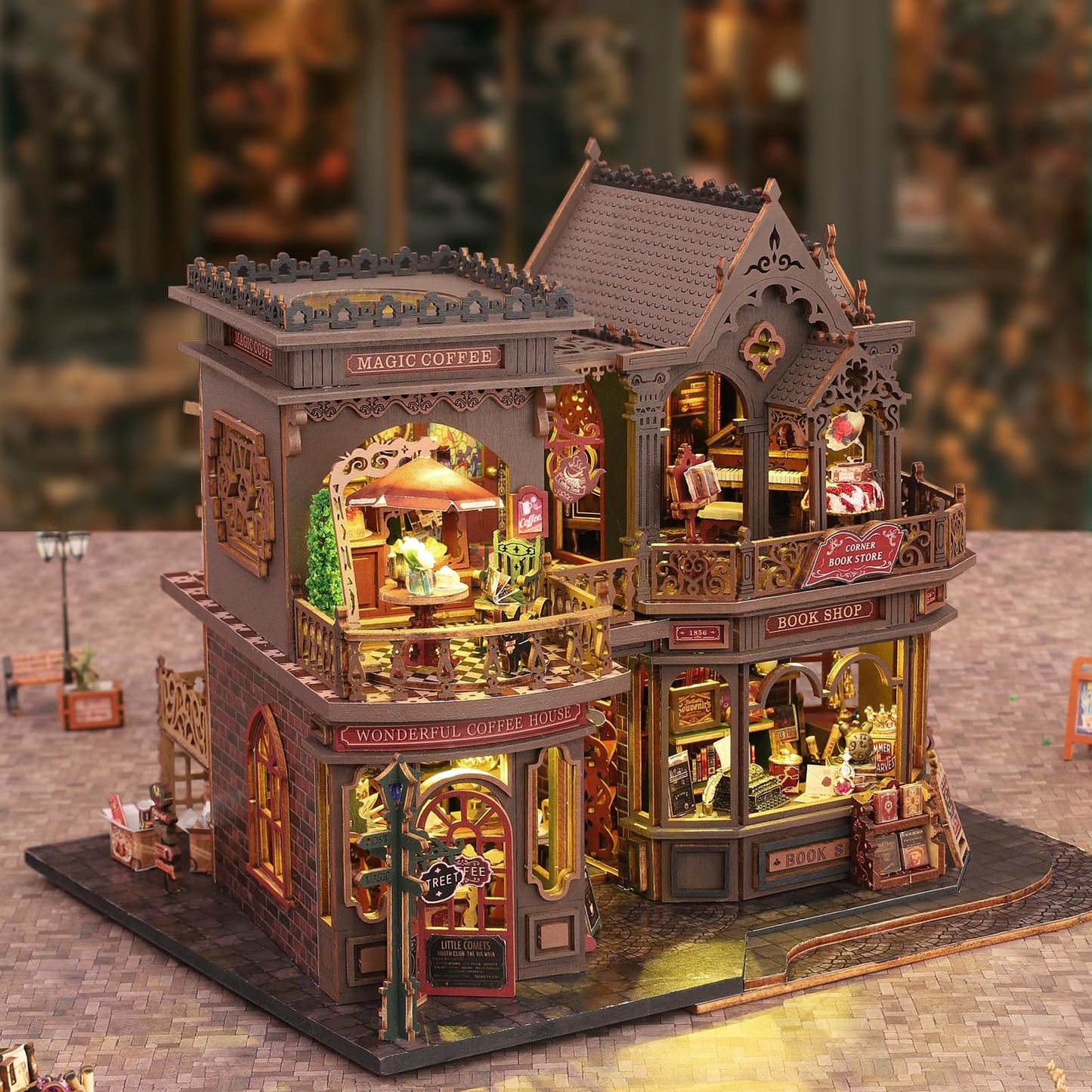Plustopoy DIY Miniature House Kit - 3D Wooden Puzzle Bookshelf Decor with Furniture & LED Light, Dollhouse Kit Creative Craft Building Set for Adults, for Women Men