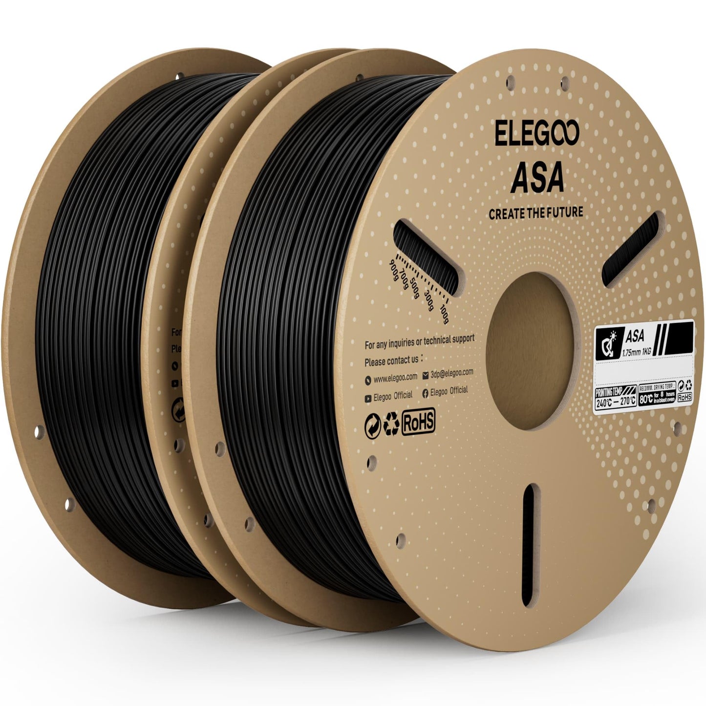 ELEGOO ASA Filament 1.75mm Black 2KG, UV & Weather Resistant 3D Printer Filament for Outdoor Functional Parts, High Impact Stren