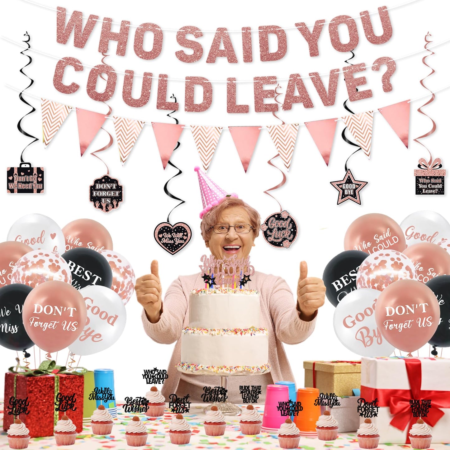 Roetyce Farewell Party Decorations, Rose Gold Who Said You Could Leave Banner Balloons Cake Toppers Hanging Swirls, Pink Going Away Retirement Leaving Party Decorations Coworker Goodbye Party Supplies