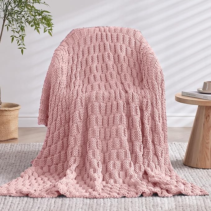 Knitted Weighted Blanket for Adult, No Beads Heavy Blanket 48” x 72'' 12lbs, Breathable Chunky Knit Blanket, Cooling Weighted Blanket for Hot Sleepers, Christmas Home Decor (HoneyPink)