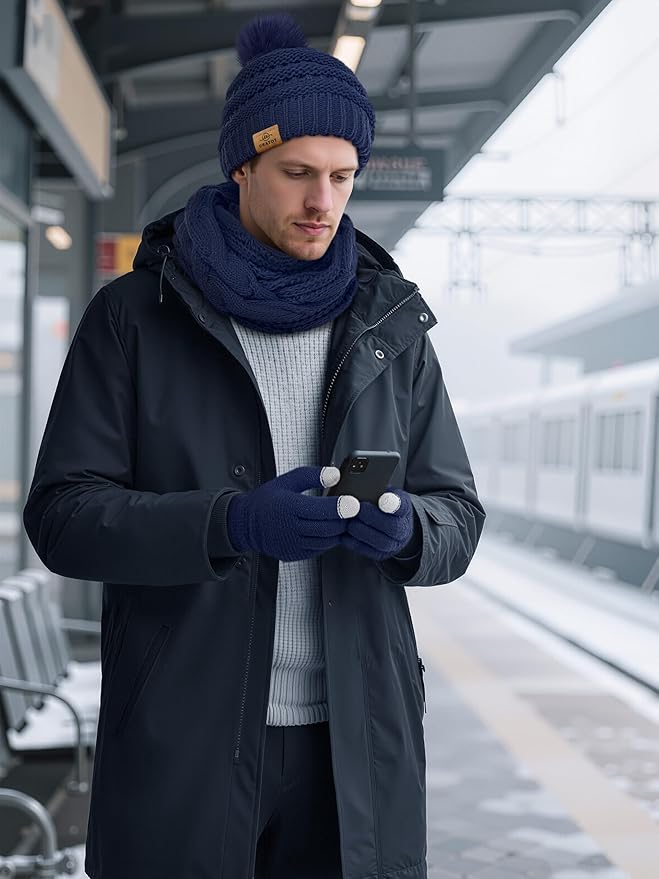 URATOT 4-In-1 Winter Warm Sets Knitted Scarf Touch Screen Gloves Beanie Pompom Hat and Winter Ear Warmer for Men or Women
