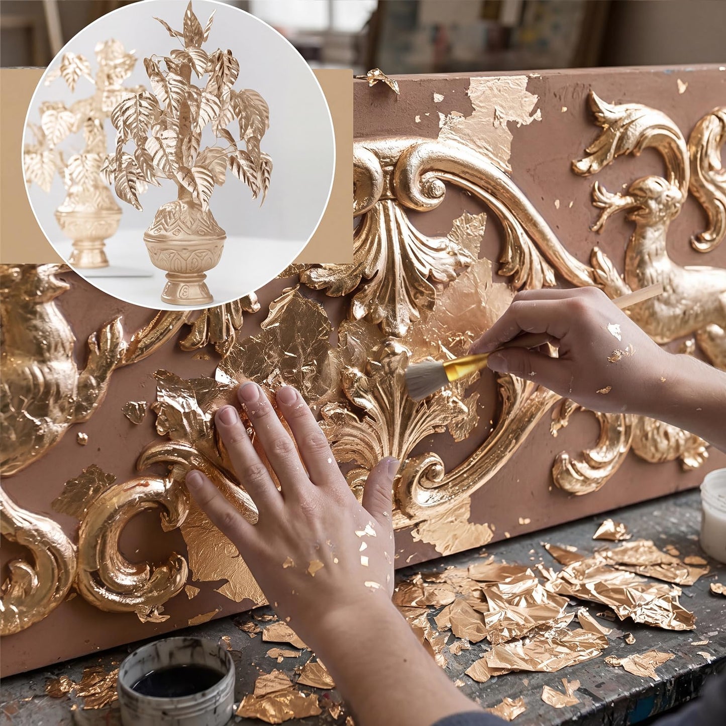 Maitys 400 Pcs Imitation Gold Leaf Sheet, for Art Silver Foil Sheet Set with Brush and Nipper for Painting Gilding Picture Frame Sculpture DIY Craft Decoration Furniture, 3.5 x 3.5 Inches(Champagne)