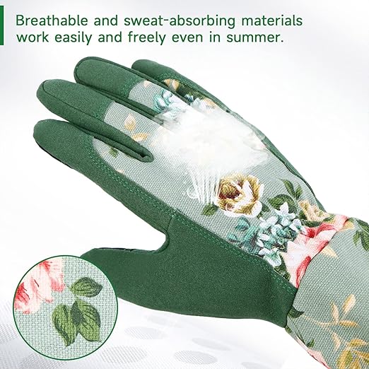 Garden Gloves, Long Sleeve Leather Gardening Gloves for Yard and Gardening Work, Gardening Gifts for Women, Cute, Comfortable, Durable, Green Print (Small)