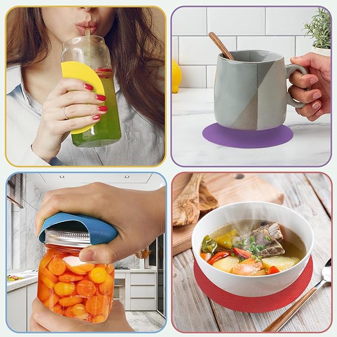 6PCS Round Jar Gripper Pads - Rubber Jar Opener, Kitchen Coasters for Seniors with Arthritis, 6 Colors