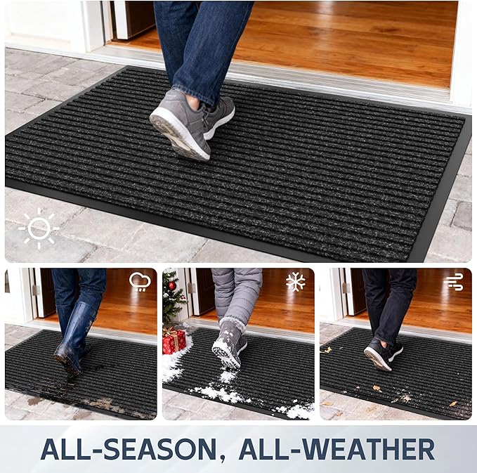 Front Door Mat, 60" x 36" Heavy Duty Indoor Outdoor Doormat, Non-Slip Welcome Mats for Entryway, Rubber Backing Low Profile Commercial Door Mats, Black Stripe