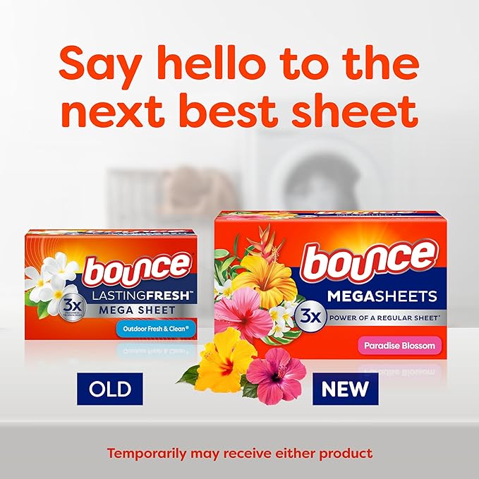 Bounce Mega Dryer Sheets, Paradise Blossom, 180 Count, Mega Fabric Softener Sheets with Static Control, Wrinkle Reduction, Extra Softness, Lasting Scent, Repels Lint