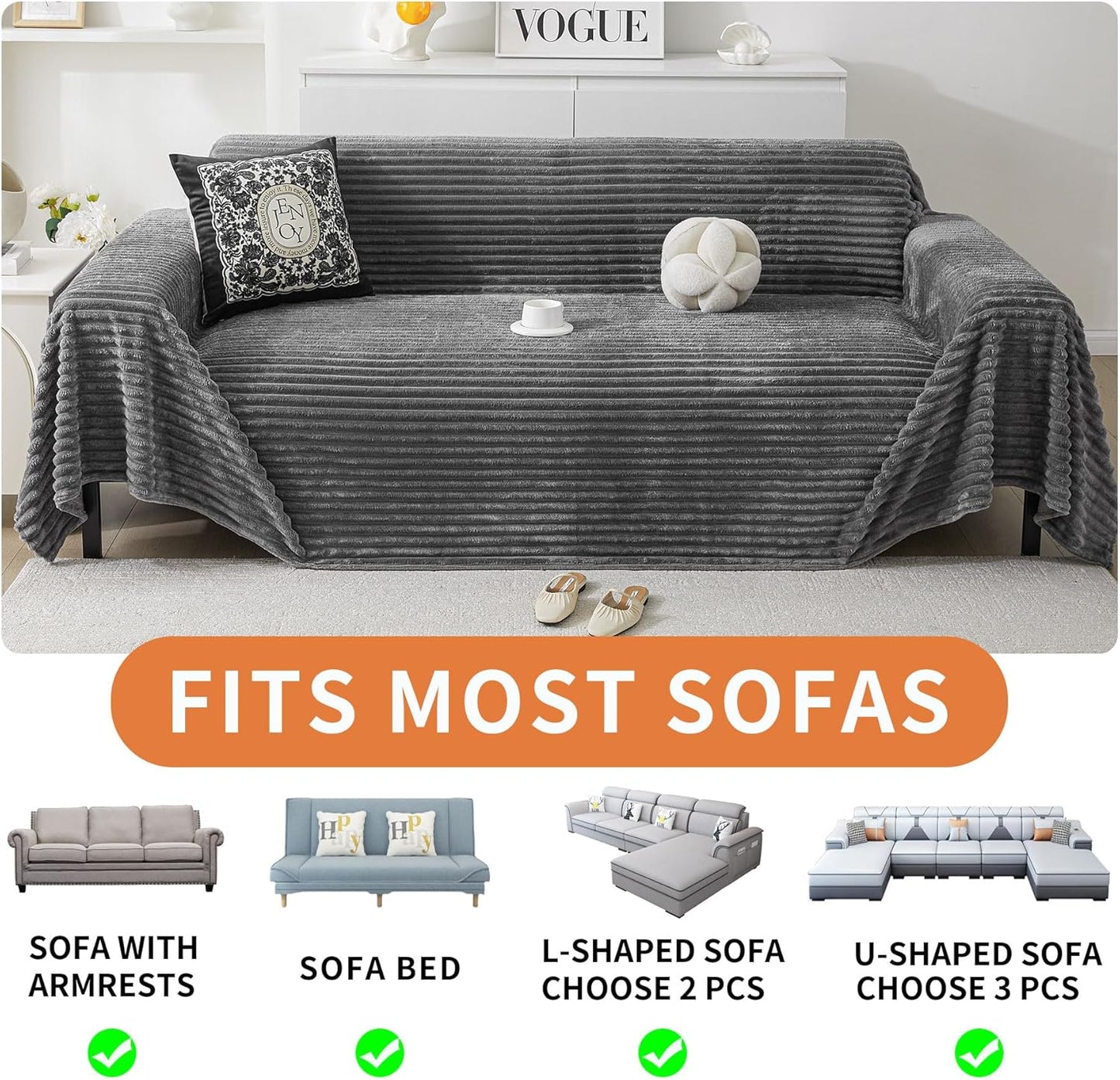 HAOMAIJIA Faux Fur Sofa Covers Couch Covers for 3 Cushion Couch Sofa Pet Friendly Soft Non Slip Couch Cover for Dogs Washable Sectional Couch Covers L Shape Furniture Protector (Grey, 91"x134")
