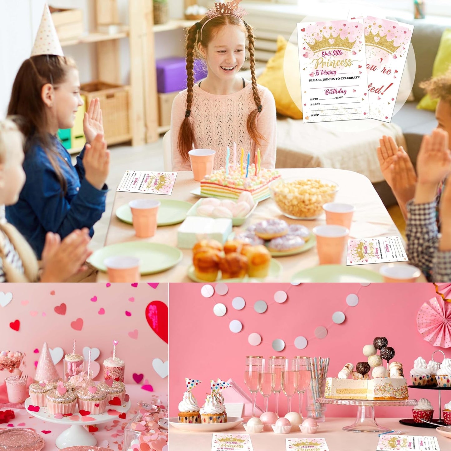 Princess Birthday Invitations, 20 Invitation Cards with Envelopes, Lovely Heart Invites for Girl Party Decorations Favor Supplies - A07