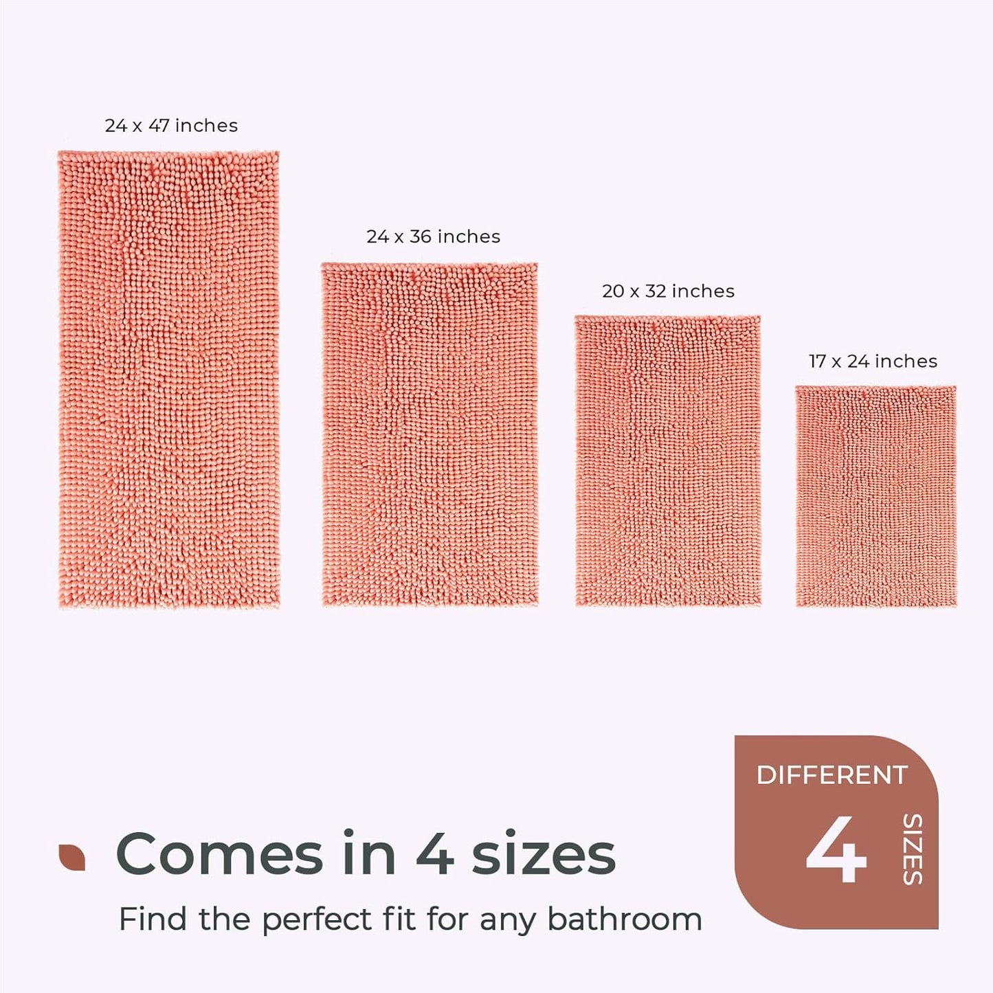 FRESHMINT Large Chenille Bathroom Rugs Mat 36”x24”, Non-Slip Bath Mat for Bathroom Floor & Bathtub, Washable Shower Shag Bath Rugs, Soft Fluffy Thick Water Absorbent Microfiber Shower Mat, Coral