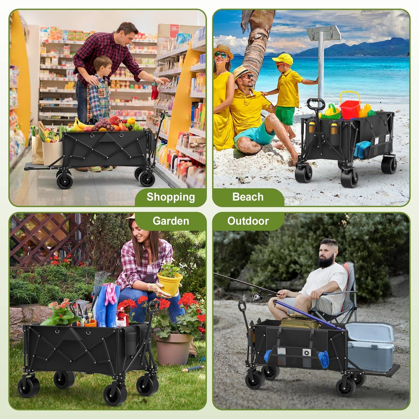 ZENPETIO 49" Collapsible Wagon Cart, 900LBS Heavy Duty Extra Long Folding Utility Wagon, 300L Large Capacity Wagon with Extender All-Terrain Big Wheels with Brakes for Camping, Garden, Sports, Grocery