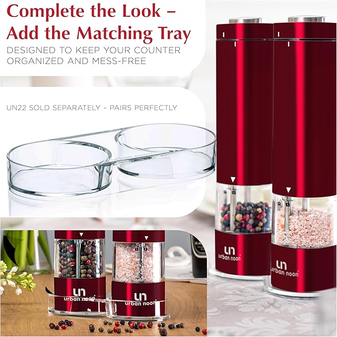 Electric Salt and Pepper Grinder Set - 2 Battery Operated Stainless Steel Mills with Light (Elegant Red Burgundy) - Automatic One Handed Operation - Electronic Adjustable Shakers - Ceramic Grinders